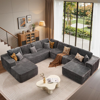Cloud Sectional Couches for Living Room,G Shaped Modular Sofas No Assembly,135x133 Inches Plush Corduroy Oversized Floor Couch Set with Deep Seat Chaise,Grey