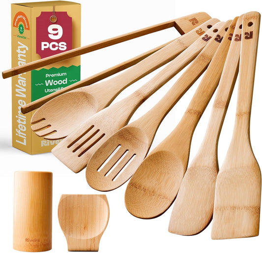 Riveira Bamboo Wooden Spoons for Cooking 9-Piece with Holder, Apartment Essentials Wood Spatula Spoon Nonstick Kitchen Utensil Set Premium Quality Housewarming Gifts for Everyday Use
