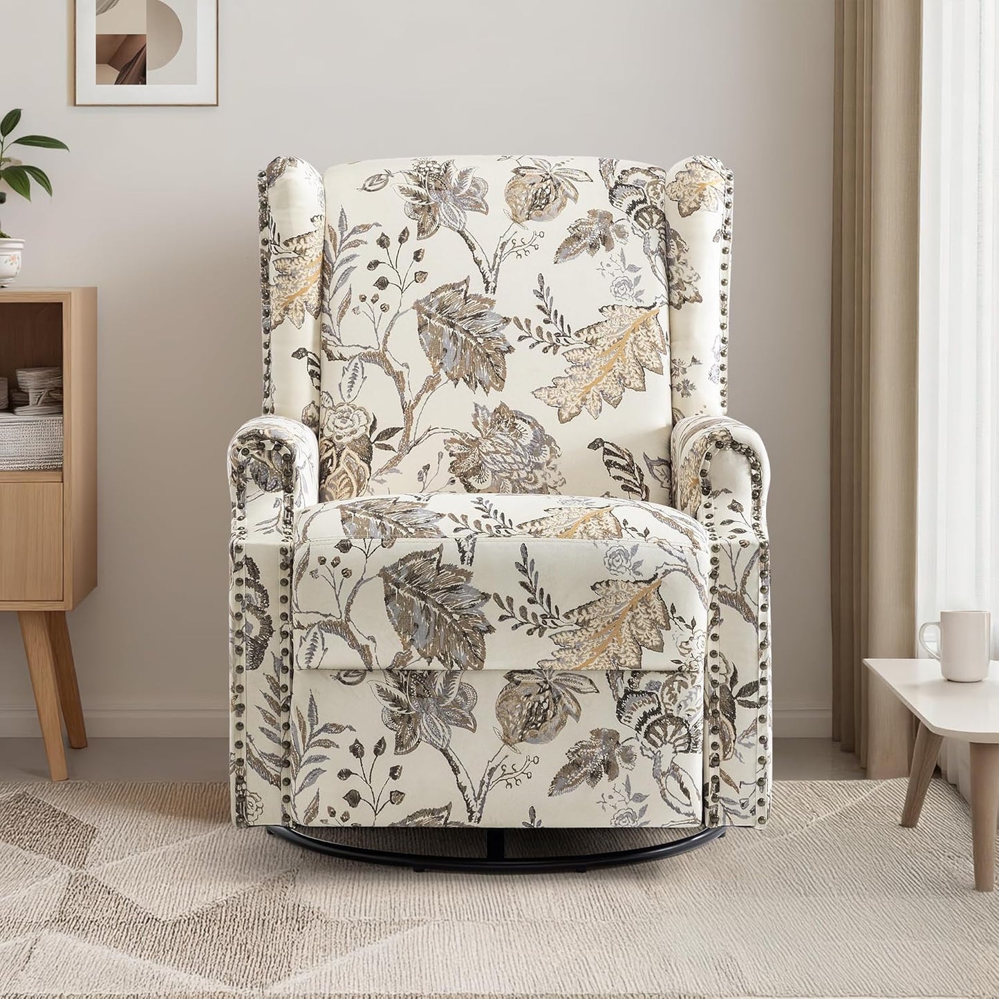 UIXE Swivel Rocker Manual Recliner Chair, Wingback Swivel Glider Fabric Nursery Reclining Sofa Chair, High Back Upholstered Arm Chair for Living Room Bedroom - Beige Plants