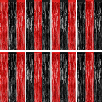 8 Pack Halloween Party Supplies, 3.28 FT x 7.05 FT Red and Black Foil Streamer, Metallic Fringe Curtains Tinsel Backdrop Party Streamer, Hanging Halloween Decorations Casino Party Decor