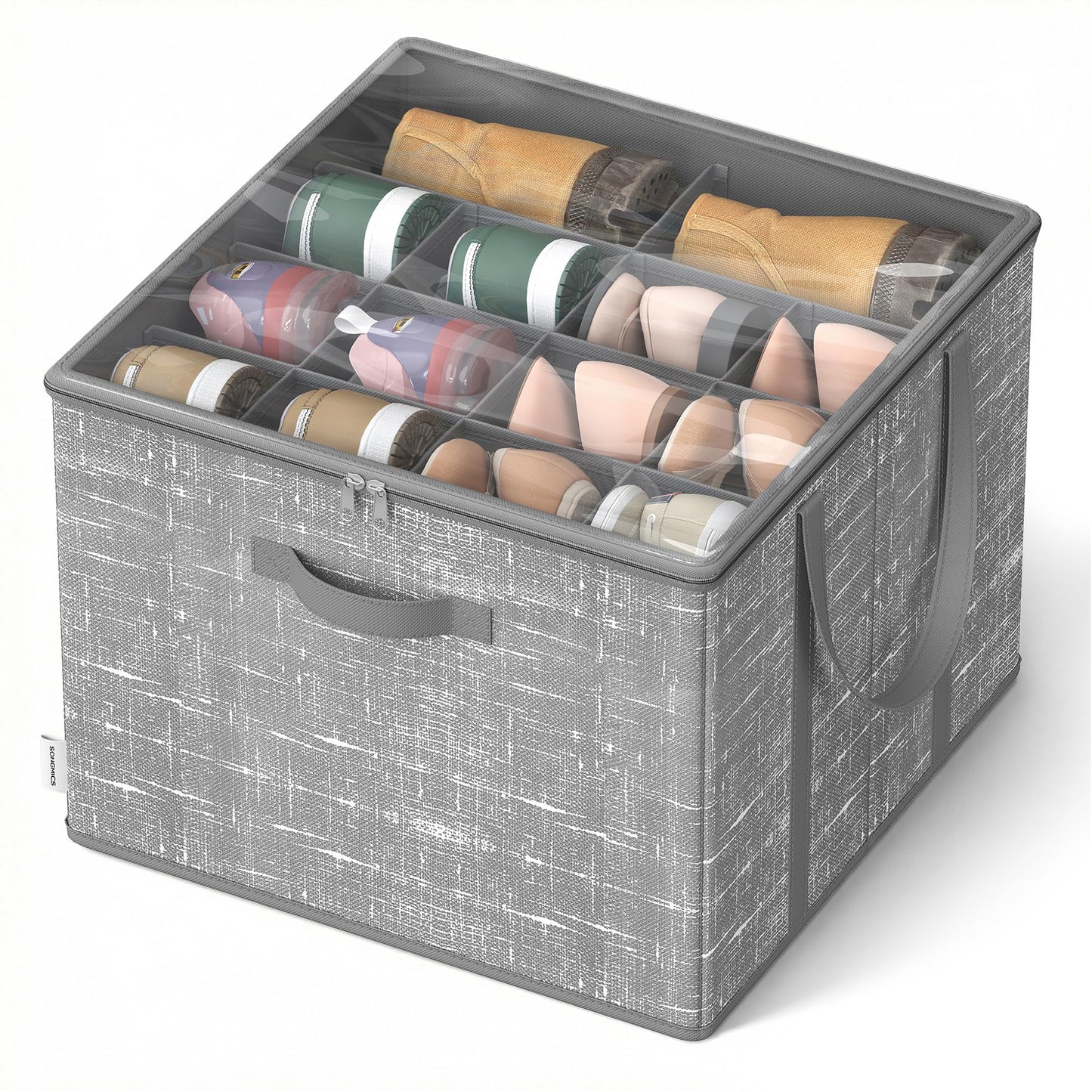 SONGMICS Shoe Organizer for Closet, Shoe Storage Box with Clear Lid, Foldable Fabric Bins, Holds 16