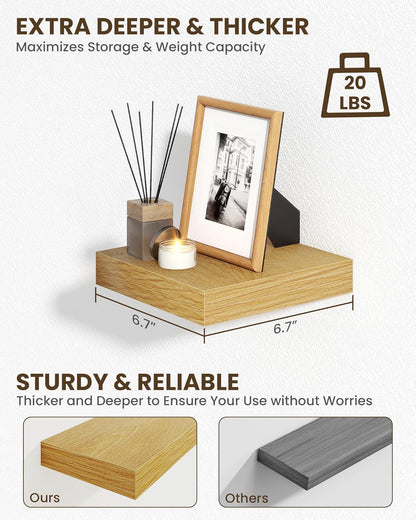 Marsmiles 6.7" Floating Shelves for Wall, Wooden Shelves with Invisible Brackets Set of 2, Rustic Farmhouse Wall Mounted Shelf for Kitchen Bathroom Living Room Study, Natural Oak