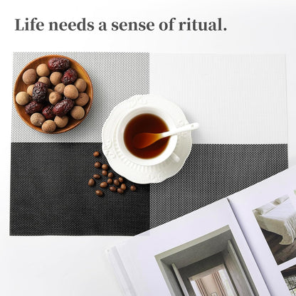 Leetaltree Gray with White Grid Pattern Placemats Set of 6 - Heat Resistant Non-Slip Place mats for Dining Table, Washable Durable PVC Vinyl Woven Table Mats（Grey Grid, 6）