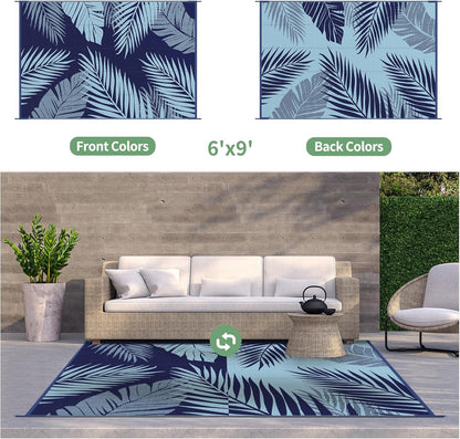 GENIMO Outdoor Rug 6' x 9' Waterproof for Patios Clearance, Reversible Outdoor Plastic Straw Camping Rug Carpet, Large Area Rugs Mats for RV, Camper, Deck, Balcony, Porch, Beach, Navy Blue&Baby Blue