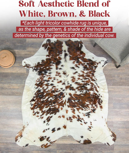 Natural Cowhide Rug for Home & Office Premium Light Tricolor Cowhide Rug with Mixed Brown, Black & White Patterns - Cow Hide Rugs Made with Tanned Leather - Cow Hide Rugs 5x7 ft
