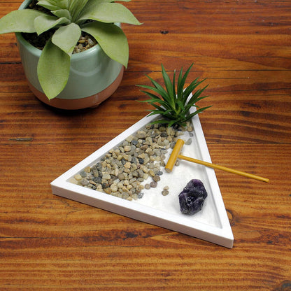 Nature's Mark Mini Zen Garden Kit for Desk with White Sand, Rake, White Base, Salt Rock and Air Plant (Triangle)