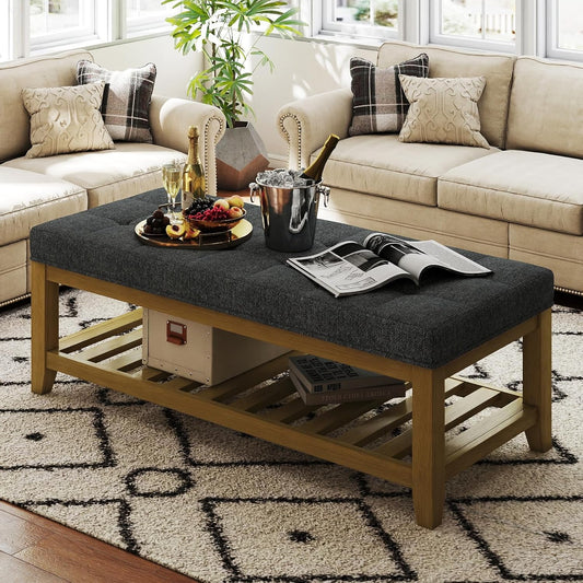 Large Rectangular Upholstered Ottoman Bench, Linen Tufted Footrest Ottoman with Solid Wood Shelf Storage Coffee Table for Bedroom Living Room, Dark Gary