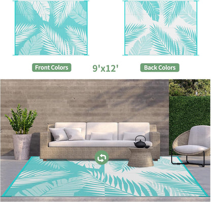 GENIMO Outdoor Rug 9' x 12' Waterproof for Patios Clearance, Reversible Outdoor Plastic Straw Camping Rug Carpet, Large Area Rugs Mats for RV, Camper, Deck, Balcony, Porch, Beach, Aqua Blue&White