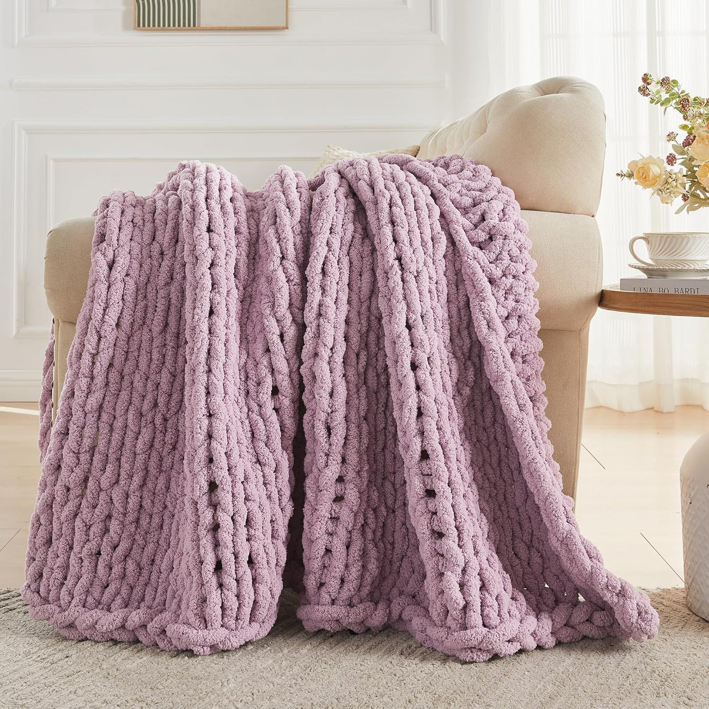Carriediosa Chunky Knit Throw Blanket 60" X 80" Twin, 100% Hand Made Large Chenille Loop Yarn Soft Fluffy Throws for Couch Sofa Bed, Big Crochet Cozy Heavy Thick Cable Woven Blankets, Purple
