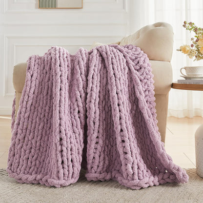 Carriediosa Chunky Knit Throw Blanket 60" X 80" Twin, 100% Hand Made Large Chenille Loop Yarn Soft Fluffy Throws for Couch Sofa Bed, Big Crochet Cozy Heavy Thick Cable Woven Blankets, Purple