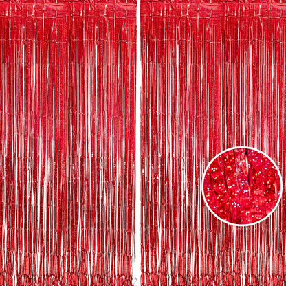 BRAVESHINE Red Tinsel Foil Fringe Curtains - 2Pcs 3.2x8.2ft Holidays Photo Booth Backdrop for Girl/Birthday/Valentine’s/Christmas/Bridal/Bachelorette/Anniversary/Engagement Party/Halloween Decorations