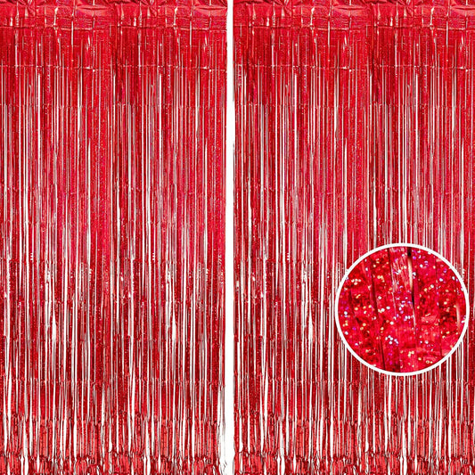 BRAVESHINE Red Tinsel Foil Fringe Curtains - 2Pcs 3.2x8.2ft Holidays Photo Booth Backdrop for Girl/Birthday/Valentine’s/Christmas/Bridal/Bachelorette/Anniversary/Engagement Party/Halloween Decorations
