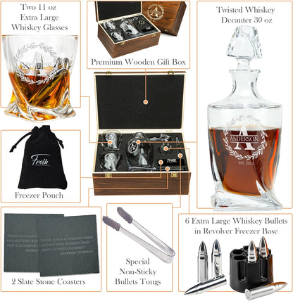 Frolk Personalized Whiskey Decanter and Stones Set - Customized Gift for Him - Men, Dad, Father - Twisted Whiskey Decanter, 2 XL Glasses, 6 XL Whiskey Chillers, 2 Coasters, Tongs, Pouch in Wooden Box