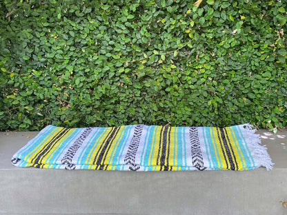 Del Mex Classic Mexican Blanket, Large Authentic Woven Falsa Throw (70"x50"), Artisan Southwest Décor for Beach, Yoga, Outdoors (Mint/Yellow)