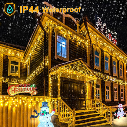 Warm White Christmas Lights Outdoor, 66ft 640 LED Icicle Lights for Outside House with Connectable Clear Wire 8 Modes Timer, Plug in Waterproof for Eaves Yard Party Indoor Holiday Decoration