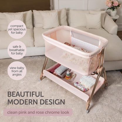Baby Bedside Sleeper - Bassinet & Bedside Crib with Height Adjustment & Wheels - Can Be Placed Next to Bed - Attaches to Parents Bed - Easy to Fold & Carry Bassinet for Girls (Pink)