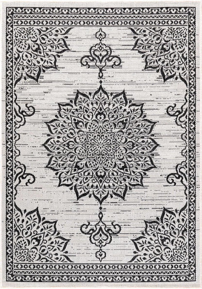 CAMILSON Outdoor Rug, 8x10 Medallion White Black Modern Area Rugs for Indoor and Outdoor Patios, Kitchen and Hallway Mats, Washable Porch Deck Outside Carpet (Medallion White, 8 x 10)
