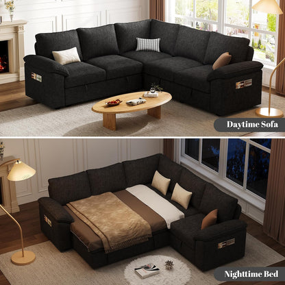 85 Inch Modular Sectional Sofa with Pull Out Bed,L Shaped 5 Seat Sectional Sleeper Sofa with Storage,Sectional Couches for Living Room,Cloud Modular Couch,Removable Sofa Cover,Black