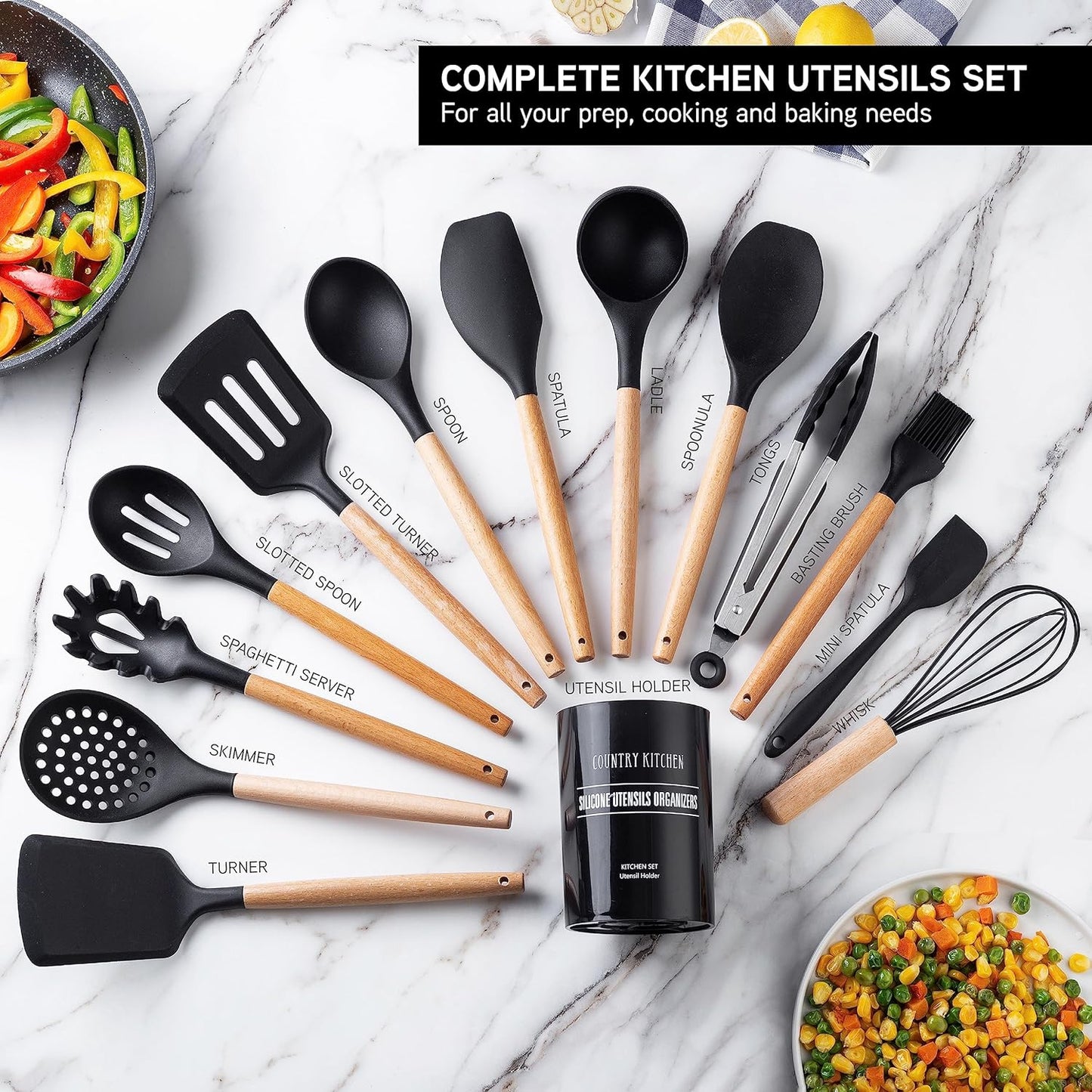 Country Kitchen Non Stick Silicone Utensil Set with Rounded Wood Handles for Cooking and Baking, 14 Piece Set, Black