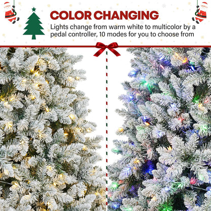 7.5ft Lighted Snow Flocked Christmas Tree, 450 Multicolor LED Lights, Artificial Christmas Tree with 1446 Branch Tips, Metal Stand & Hinged Branches for Decoration, 10 Modes