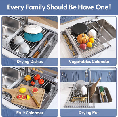 Over The Sink Dish Drying Rack for Kitchen, Expandable (12.8"-23.8" D x 15.5" W) Roll Up Dish Drainer with The Function of Fordable, Rust Proof, Large Sink Cover with Removable Utensil Holder