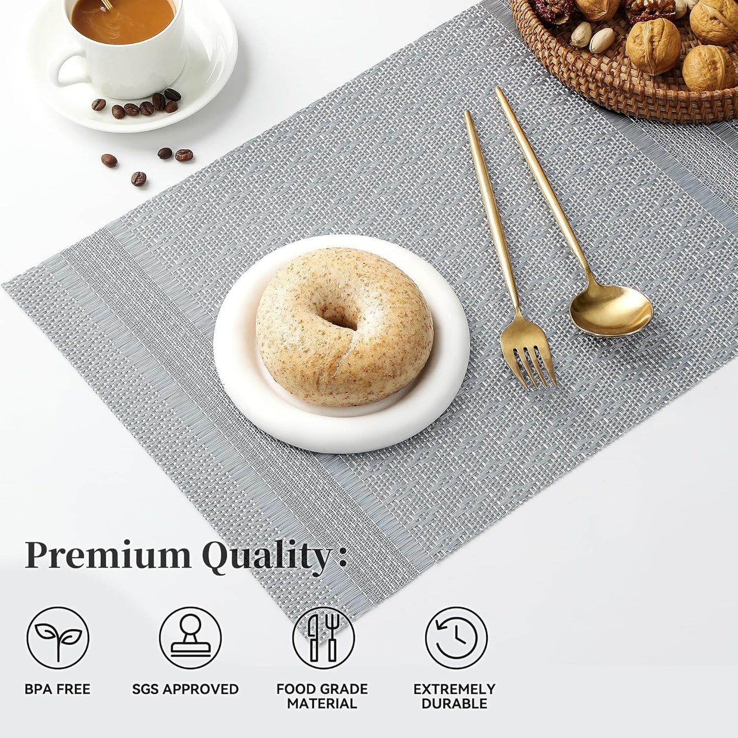 Leetaltree Lunar Grey Placemats Set of 8 - Heat Resistant Non-Slip Place mats for Dining Table, Washable Durable PVC Vinyl Woven Table Mats（Lunar Grey, 8）