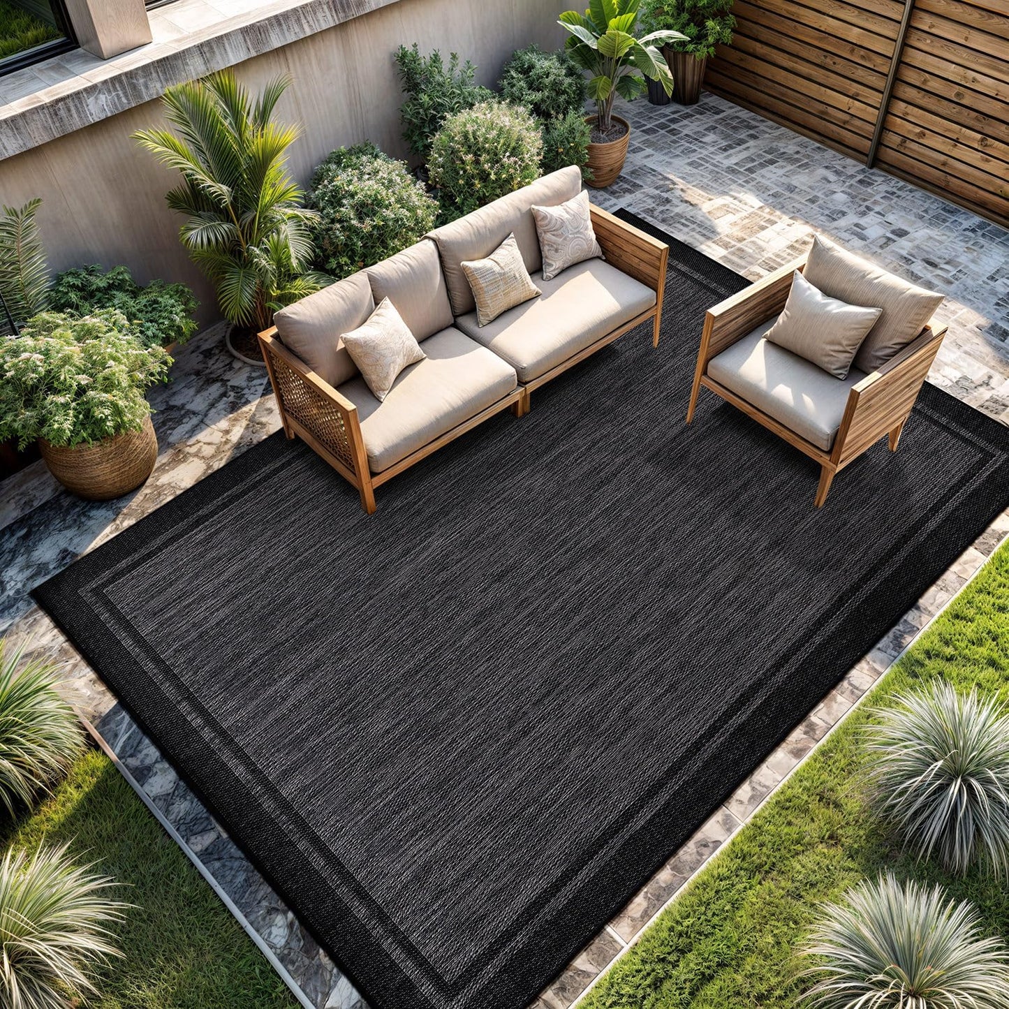CAMILSON Indoor Outdoor Rug, 10x14 Bordered Dark Grey Black Modern Large Area Rugs for Indoor and Outdoor Patios, Kitchen and Hallway Mats, Washable Porch Deck Outside Carpet (Bordered Black, 10 x 14)