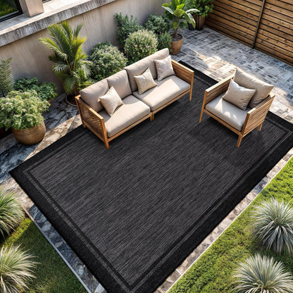 CAMILSON Indoor Outdoor Rug, 10x14 Bordered Dark Grey Black Modern Large Area Rugs for Indoor and Outdoor Patios, Kitchen and Hallway Mats, Washable Porch Deck Outside Carpet (Bordered Black, 10 x 14)