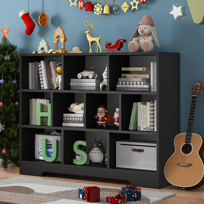 Book Shelf, 10 Cubes Storage Organizer, 3-Tier Open Shelf Wooden Bookcase, Freestanding Balck Bookshelf Cube Shelf for Bedroom, Living Room, Home Office