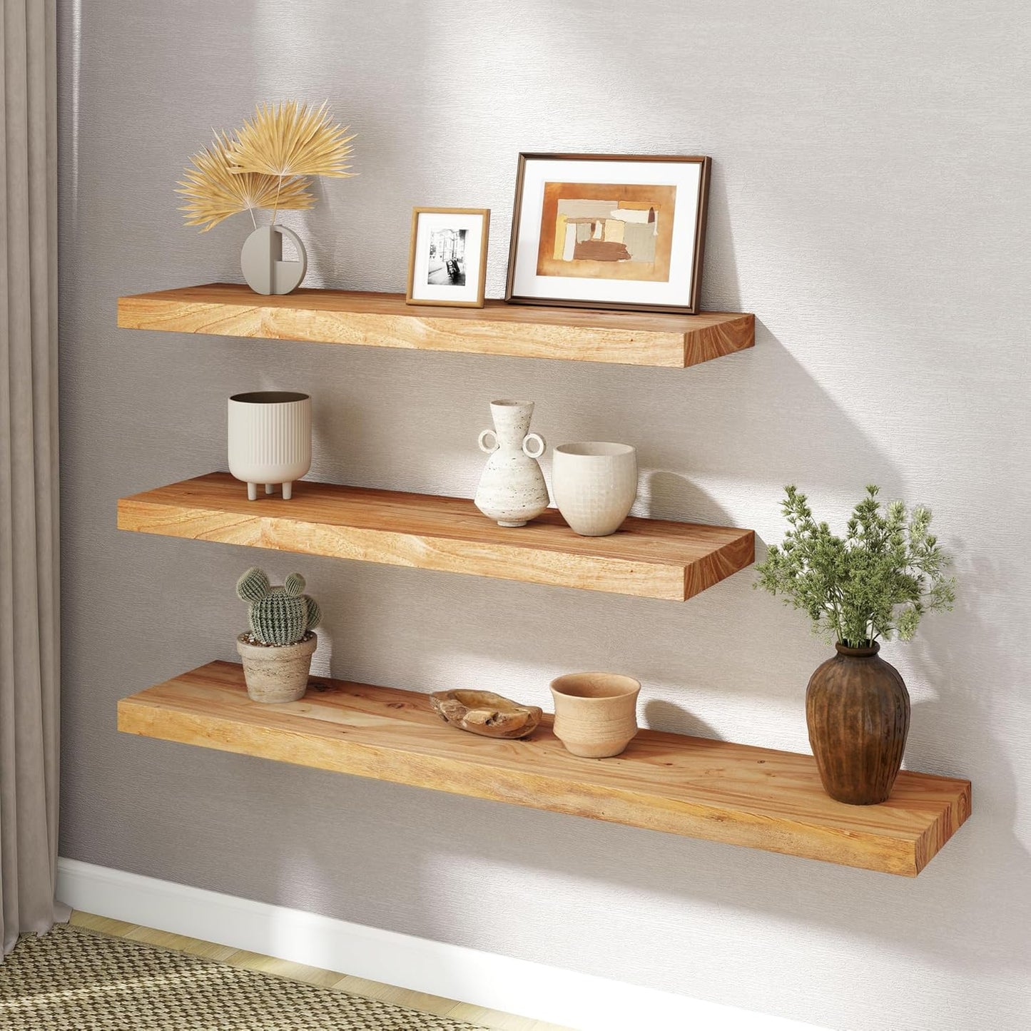 RICHFOCUS Elm Floating Shelves for Wall - 48" W x 9.3" D Rustic Solid Wood Shelves with Invisible Bracket, Wall-Mounted for Living Room, Bedroom, Kitchen Storage & Display, Set of 1, Natural