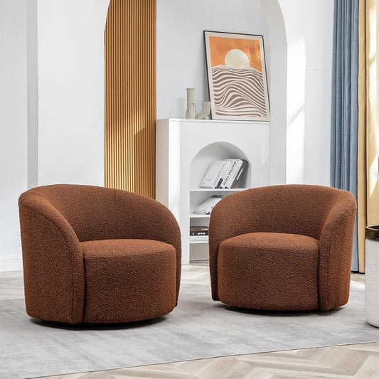 KINWELL 34" W Swivel Barrel Chair Set of 2, Mid Century Modern Round Upholstered Boucle Swivel