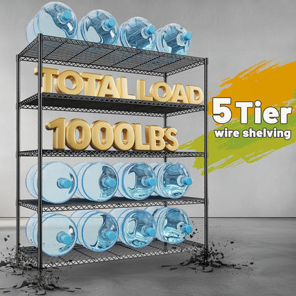 REIBII 45.5''W Storage Shelves Wire Shelving, 5 Tier Pantry Shelves for Storage Rack, Adjustable Metal Shelving for Pantry Kitchen Steel Shelving, 45.5" W x 71" H x 17.7" D