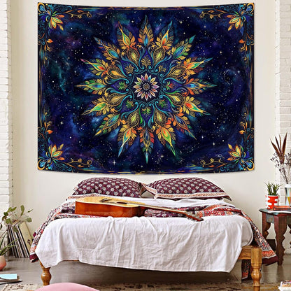 Fowocu Boho Floral Mandala Tapestry for Bedroom Aesthetic Blue Bohemian Colorful Flower Wall Tapestry Purple Hippie Indian Small Tapestries Wall Hanging for Living Room Dorm Decor 48 x 36 Inch