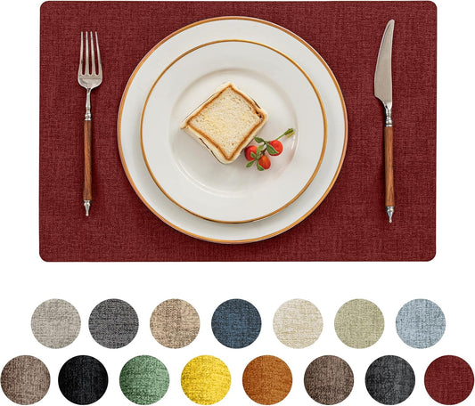 Romanstile Vinyl Placemats Set of 12-12 X 18 Inch - Heat Resistant Place Mats 100% Waterproof Oilproof Wipeable Reversible Faux Leather Table Mats for Kitchen/Dining/Party/Outdoor, Red