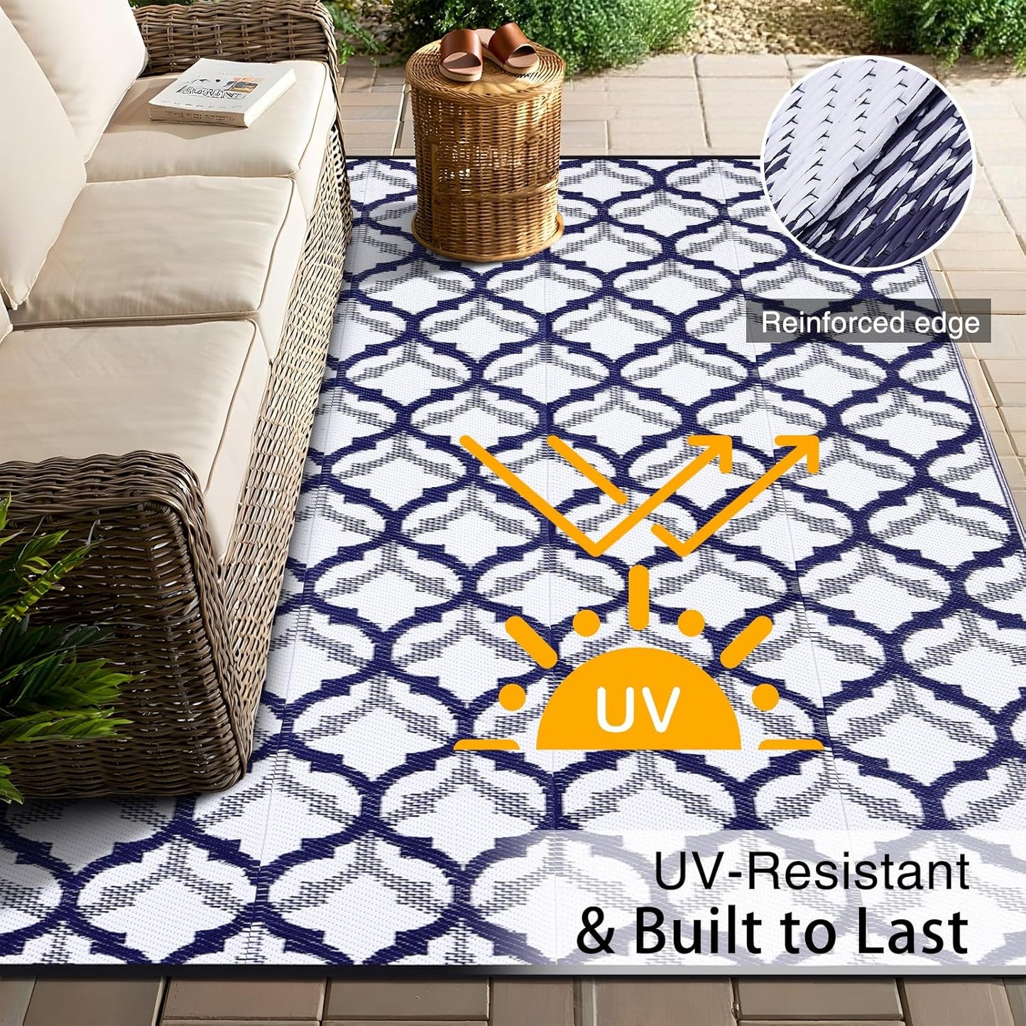 OLANLY Reversible Outdoor Rug 8x10 ft Clearance, Waterproof Outdoor Plastic Straw Rug with Interlacing Pattern, RV Mat for Patio, Camping, Balcony, Deck, Backyard, Navy & White