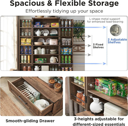 72" Farmhouse Kitchen Pantry Cabinet With Drawer, Tall Storage With 2 Barn Doors and Shelves, Versatile Large Rustic for Dining Room, Bathroom, Living Room, Rustic Brown