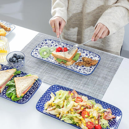 Selamica Ceramic Serving Platters, 14 Inch Serving Trays for Party Entertaining, Large Rectangular Serving Plates for Appetizer, Charcuterie, Dessert, Fruit, Set of 4, Vintage Blue