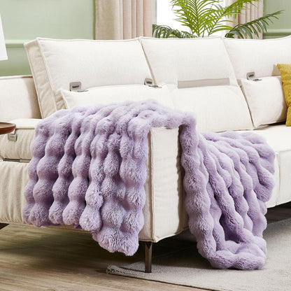 DREAMNINE Decorative Soft Fuzzy Faux Fur Throw Blanket for Couch Sofa 50" x 60", Reversible Plush Microfiber Thick Warm Fluffy Blankets for Winter, Cute Cozy Bubble Furry Blanket for Bed Chair, Purple