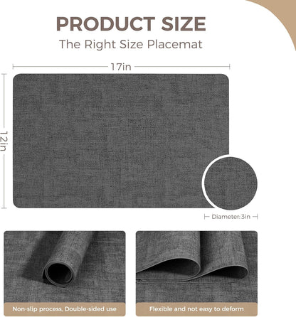 Vinyl Placemats Set of 6, Faux Leather Waterproof and Heat Resistant Place Mats, Washable Anti-Slip Table Mats with Coaster, Wipeable Placemats for Indoor & Outdoor 17" x 12" (Black, Set of 6)