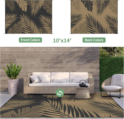 GENIMO Outdoor Rug 10' x 14' Waterproof for Patios Clearance, Reversible Outdoor Plastic Straw Camping Rug Carpet, Large Area Rugs Mats for RV, Camper, Deck, Balcony, Porch, Beach, Picnic, Black&Brown
