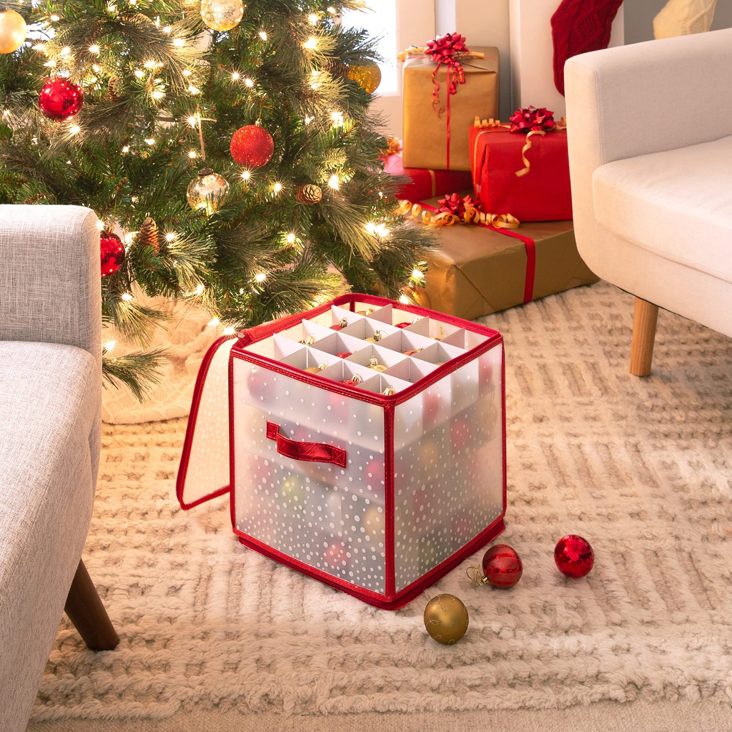 Simplify 64 Count Ornament Storage Box | Plastic | Decorative Organizer | Storage Bin | Red | L12 x