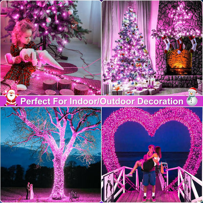 Christmas Lights Outdoor, 66FT 200 LED Christmas Tree Lights with 8 Modes Waterproof, Plug in Green Wire Connectable Twinkle String Light for Indoor Bedroom Patio Wedding Holiday Decor, Pink
