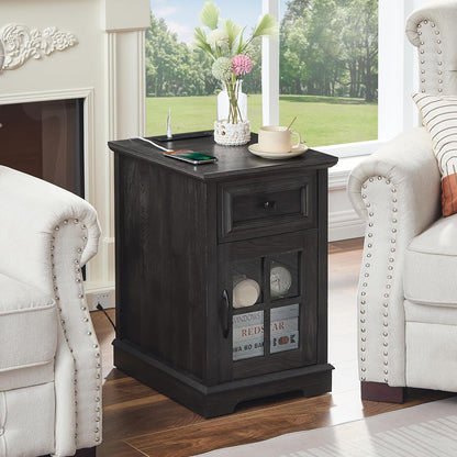 Farmhouse XXL End Table with Charging Station, Side Table with USB Ports and Outlets, Nightstand with Drawer and Glass Door Storage, Grey Bedside Tables for Living Room, Bedroom, Office