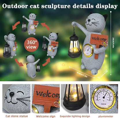 Solar Cat Outdoor Statues for Garden-Creative Thermometer-Lantern-Welcome Sign, Suitable for Yard Art, Lawn Ornaments, Porch, Terrace, Alcove, Home, House Outdoor, Cat Garden Decoration