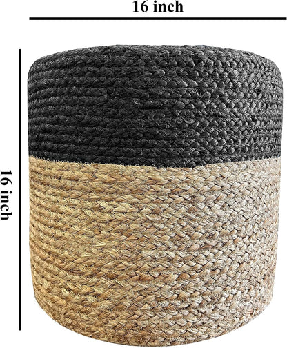 Jute Pouf Ottoman | Footrest Pouf | Hand Braided - Round Boho Pouffe - for Living Room, Bedroom, Nursery (16"x16"x16") Black