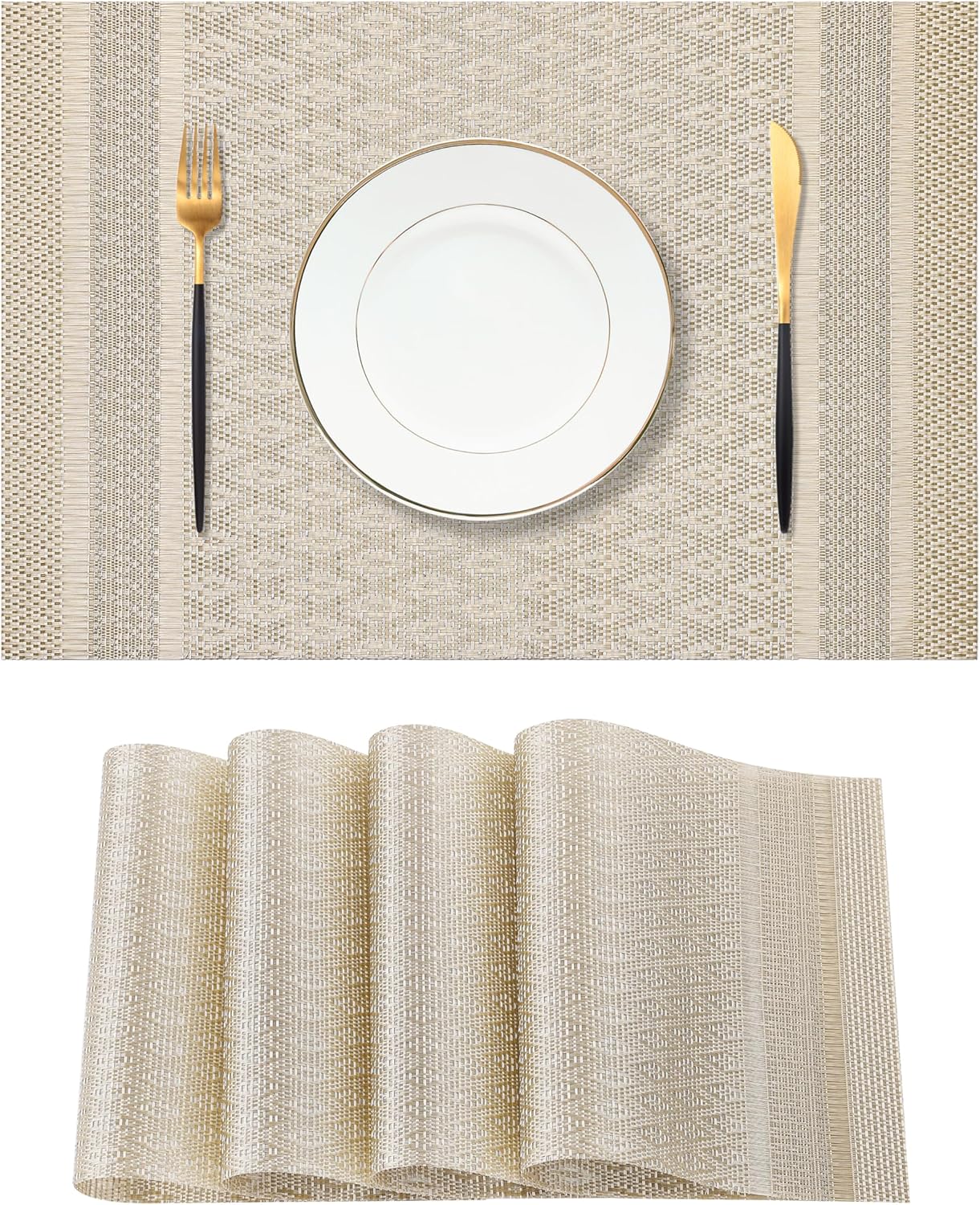 Leetaltree Stardust Yellow Placemats Set of 4 - Heat Resistant Non-Slip Place mats for Dining Table, Washable Durable PVC Vinyl Woven Table Mats（Stardust Yellow, 4）