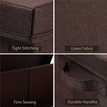 HOONEX Linen Foldable Storage Bins with Lids, 2 Pack, Storage Boxes with Carrying Handles and Sturdy Heavy Cardboard, 16.5" L x 11.8" W x 7.5" H for Shoes, Clothes, Brown
