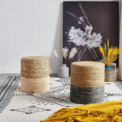 Cplxroc Pouf Ottoman, 100% Handwoven Seagrass Braided Pouffe, Boho Decor Floor Chair for Couch or Desk, Outdoor Ottomans for Garden, Round Footrest with Wood Frame, Home Decorative Seat for Balcony