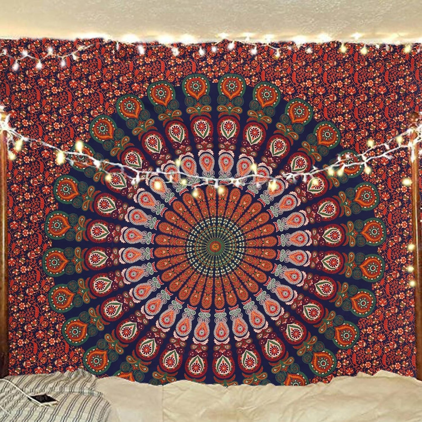 Bless International Handmade Indian hippie Bohemian Psychedelic Peacock Mandala Wall hanging College Dorm Beach Throws Table Cloth Bedding Tapestry (Golden Red Green, Queen(84x90Inches)(215x230Cms))