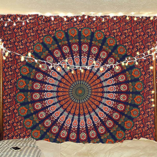 Bless International Handmade Indian hippie Bohemian Psychedelic Peacock Mandala Wall hanging College Dorm Beach Throws Table Cloth Bedding Tapestry (Golden Red Green, Queen(84x90Inches)(215x230Cms))